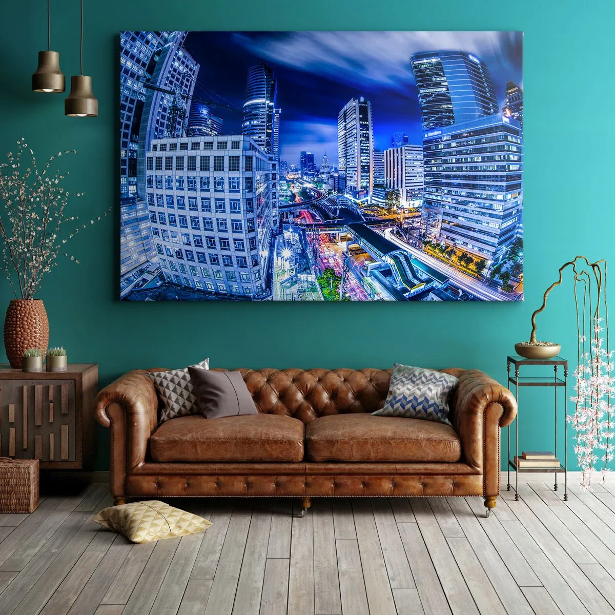 Bild auf Leinwand - Leinwandbild - Nachtstadtpanorama mit Wolkenkratzern und Straßenlaternen - 120x80cm - Rhythmen der Nachtstadt - Moderne Wanddekoration für Wohnzimmer und Schlafzimmer ARTTOR