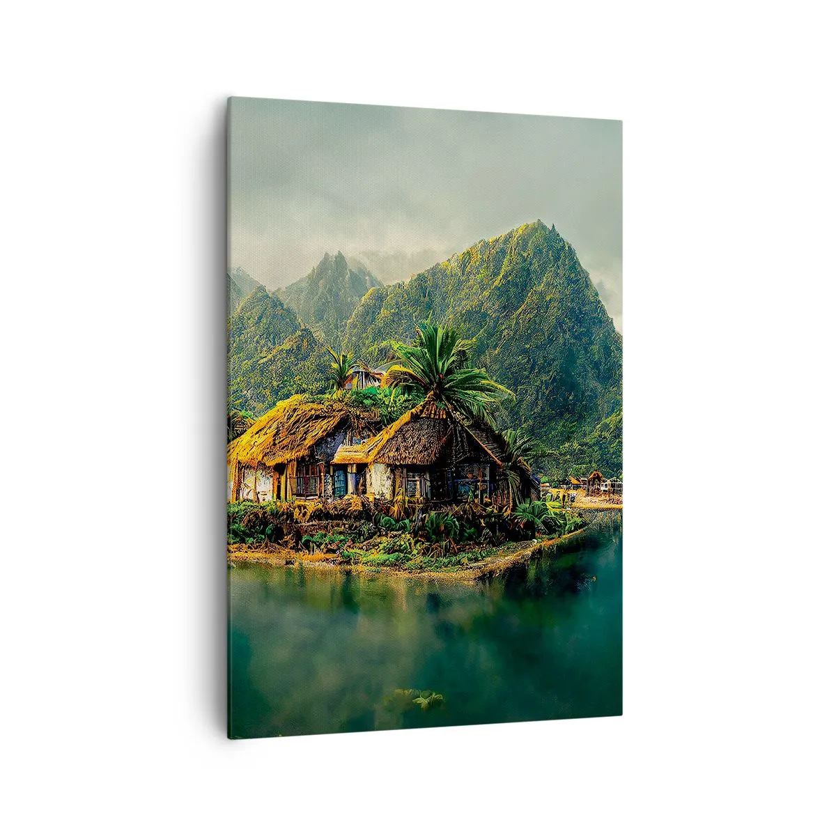 Bild auf Leinwand - Leinwandbild - Eine tropische Insel mit Palmen und Bergen im Hintergrund - 70x100cm - Tropisches Paradies - Moderne Wanddekoration für Wohnzimmer und Schlafzimmer ARTTOR