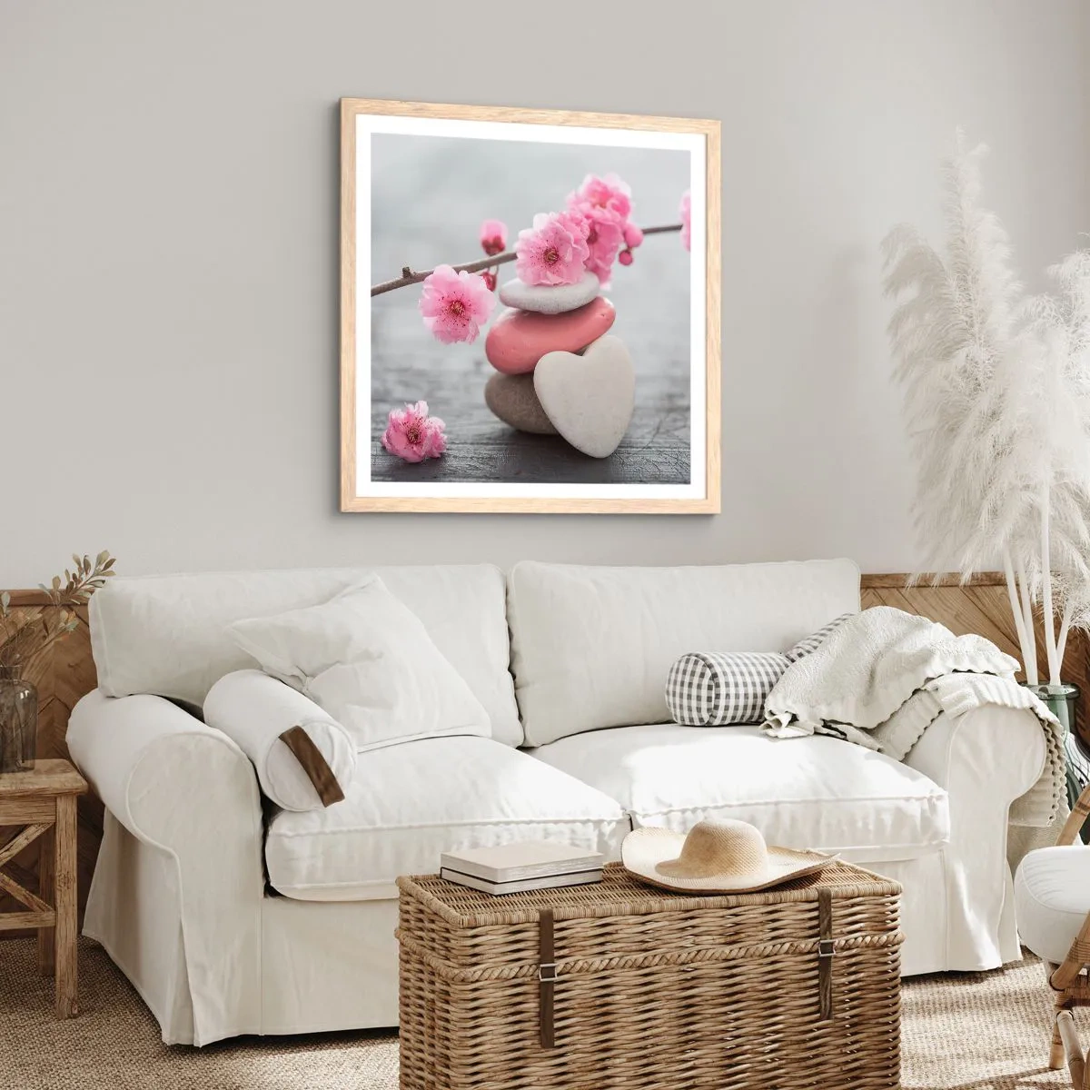 Poster in einem Rahmen aus heller Eiche - Glückseligkeit mit einer Kirschblüte - 40x40 cm