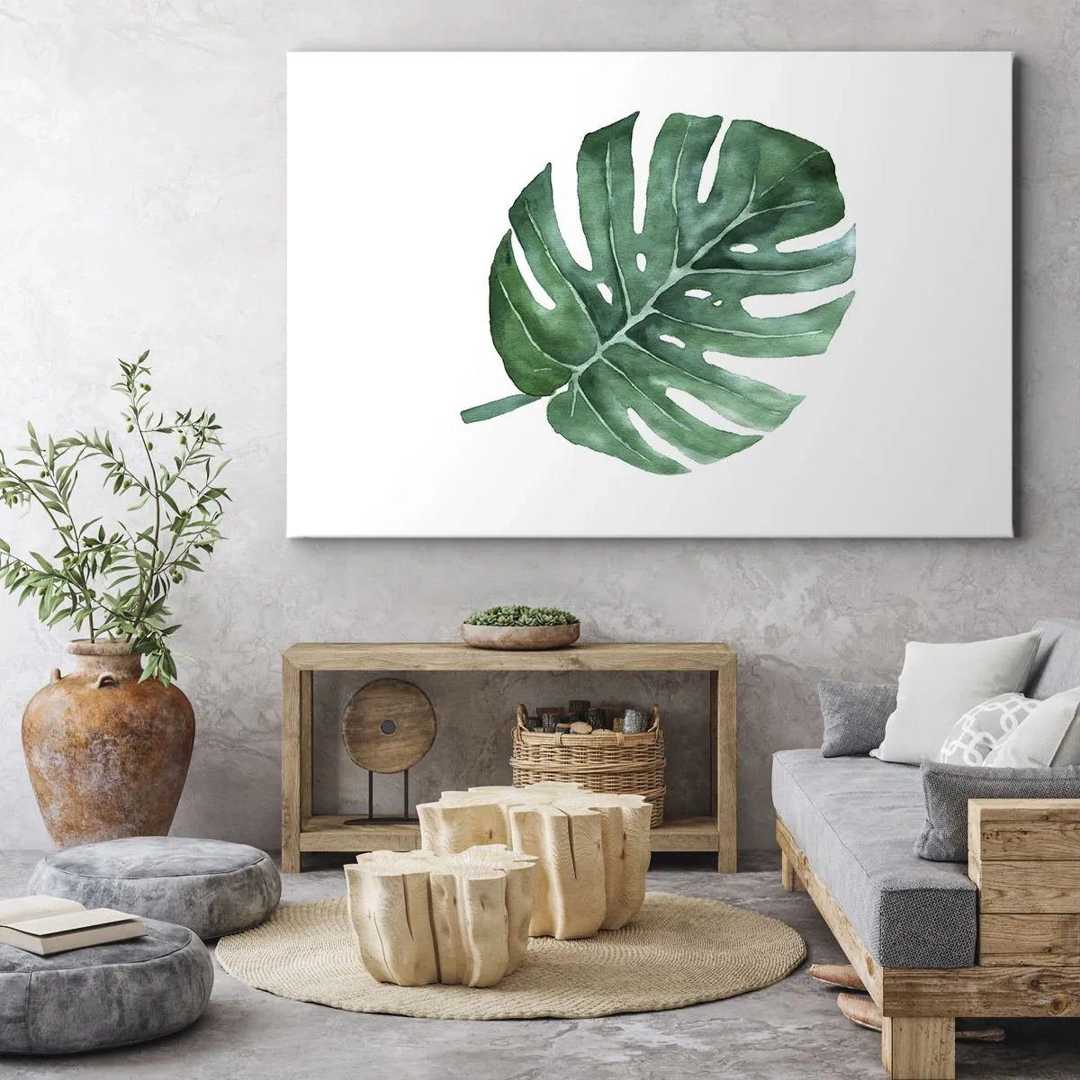 Bild auf Leinwand - Leinwandbild - Grünes Monsterablatt im minimalistischen Stil - 70x50cm - Grünes Konzept - Moderne Wanddekoration für Wohnzimmer und Schlafzimmer ARTTOR
