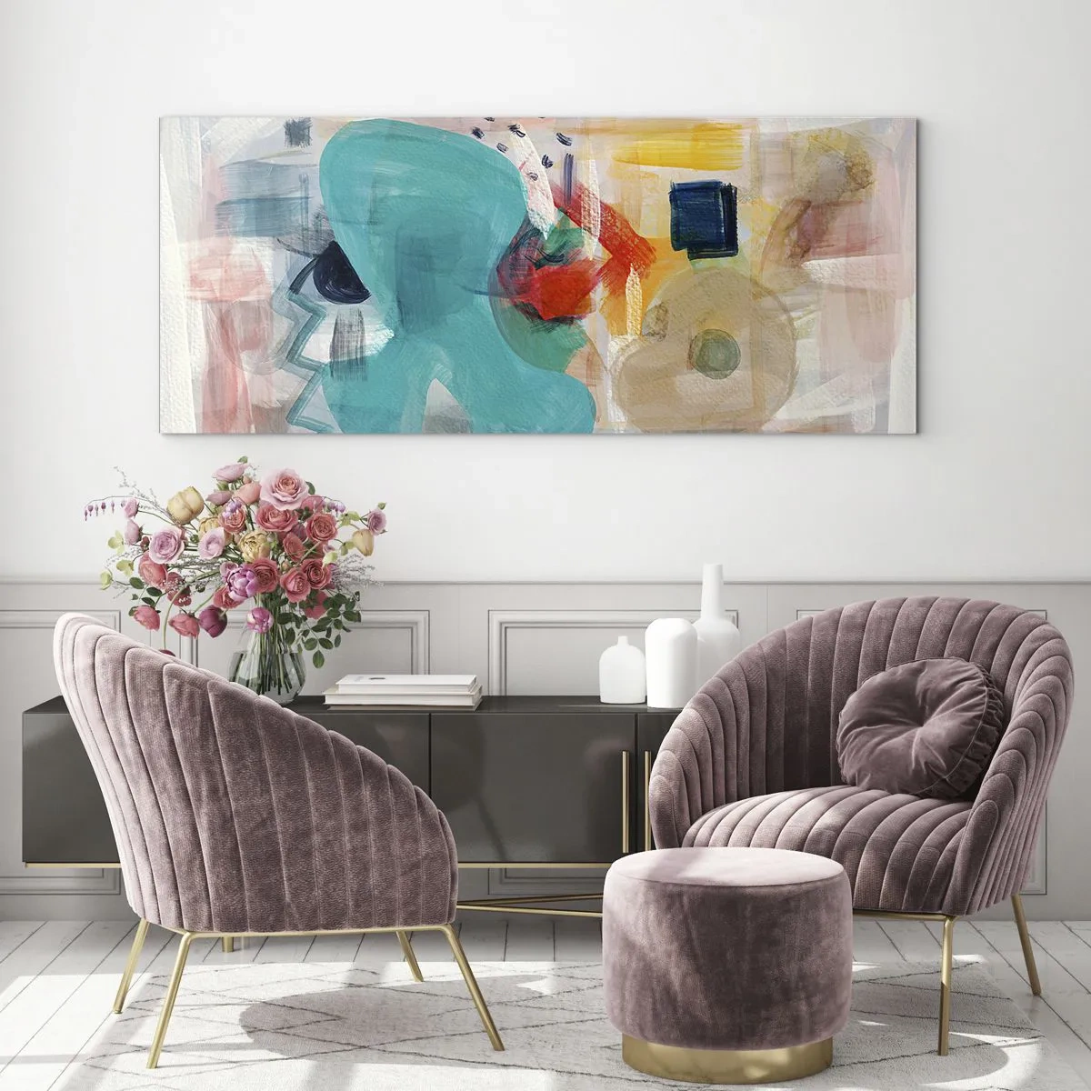 Glasbild - Bild auf glas - Abstrakte Formen und Farben schaffen eine dynamische Komposition - 160x50cm - Buntes Spiel - Moderne Wanddekoration für Wohnzimmer und Schlafzimmer ARTTOR