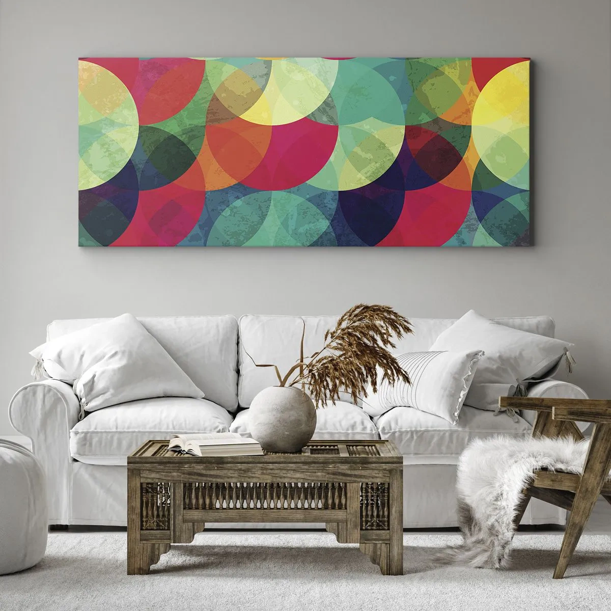 Bild auf Leinwand - Leinwandbild - Bunte geometrische Muster aus Kreisen und Halbkreisen - 160x50cm - Aufstieg zum Regenbogen - Moderne Wanddekoration für Wohnzimmer und Schlafzimmer ARTTOR
