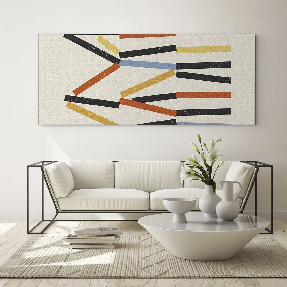 Glasbild - Bild auf glas - Abstrakte Komposition mit farbigen und schwarzen Rechtecken in horizontaler Anordnung - 160x50cm - Komposition auf der Ebene - Moderne Wanddekoration für Wohnzimmer und Schlafzimmer ARTTOR