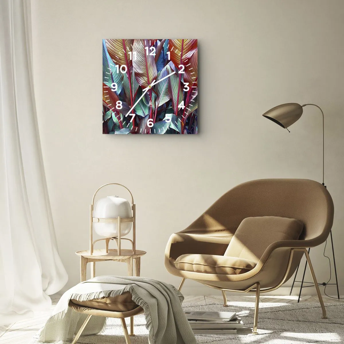 Wanduhr - Glasuhr - Bunte Blätter tropischer Pflanzen im Dickicht - 30x30cm - Buntes Dickicht - Moderne Wanddekoration für Wohnzimmer und Schlafzimmer ARTTOR