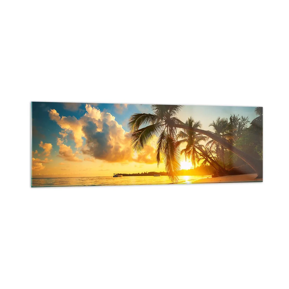 Glasbild - Bild auf glas - Sonnenuntergang am Strand mit Palmen an der Küste - 160x50cm - Karibischer Traum - Moderne Wanddekoration für Wohnzimmer und Schlafzimmer ARTTOR
