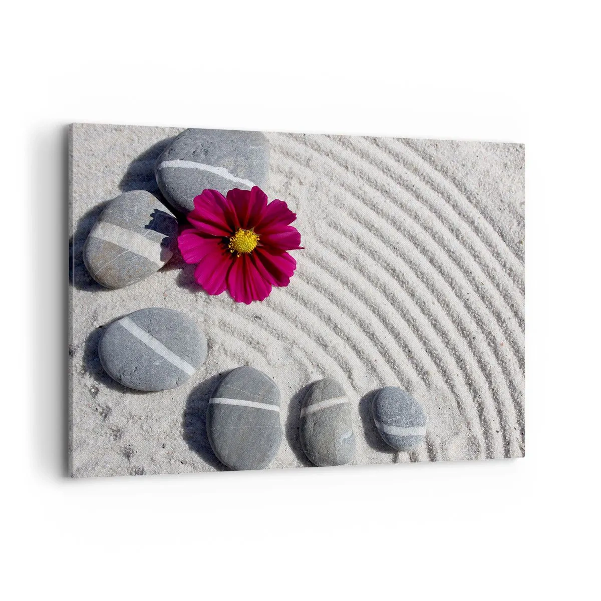 Bild auf Leinwand - Leinwandbild - Steine und eine rosa Blume auf dem Sand im Zen-Stil - 120x80cm - Energie und Ruhe des Zauberkreises der Natur - Moderne Wanddekoration für Wohnzimmer und Schlafzimmer ARTTOR
