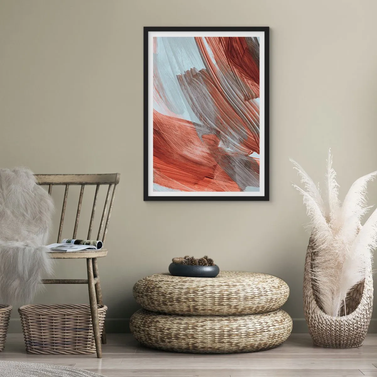 Poster in einem schwarzem Rahmen - Dynamische Pinselstriche in warmen Tönen - 50x70cm - Herbst und windige Abstraktion - Moderne Wanddekoration für Wohnzimmer und Schlafzimmer ARTTOR