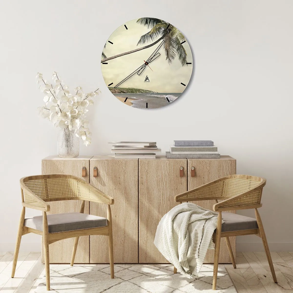 Wanduhr - Glasuhr - Palmen vor der Kulisse eines tropischen Strandes - 30x30cm - Tropischer Traum - Moderne Wanddekoration für Wohnzimmer, Küche und Schlafzimmer ARTTOR