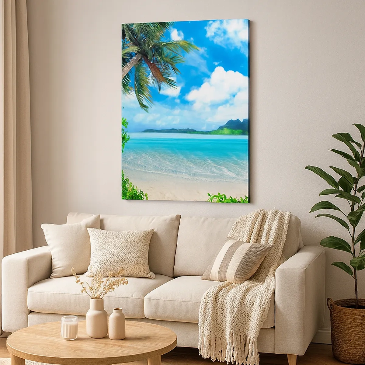 Bild auf Leinwand - Leinwandbild - Tropischer Strand mit Palmen und Blick auf die Insel - 50x70cm - Das Azurblau der Tropen - Moderne Wanddekoration für Wohnzimmer und Schlafzimmer ARTTOR