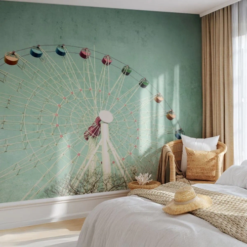 Fototapete Premium Sand - Ein buntes Riesenrad vor türkisfarbenem Himmel - 100x70cm - Wir laden zum Spiel ein - Moderne Wanddekoration für Wohnzimmer und Schlafzimmer ARTTOR