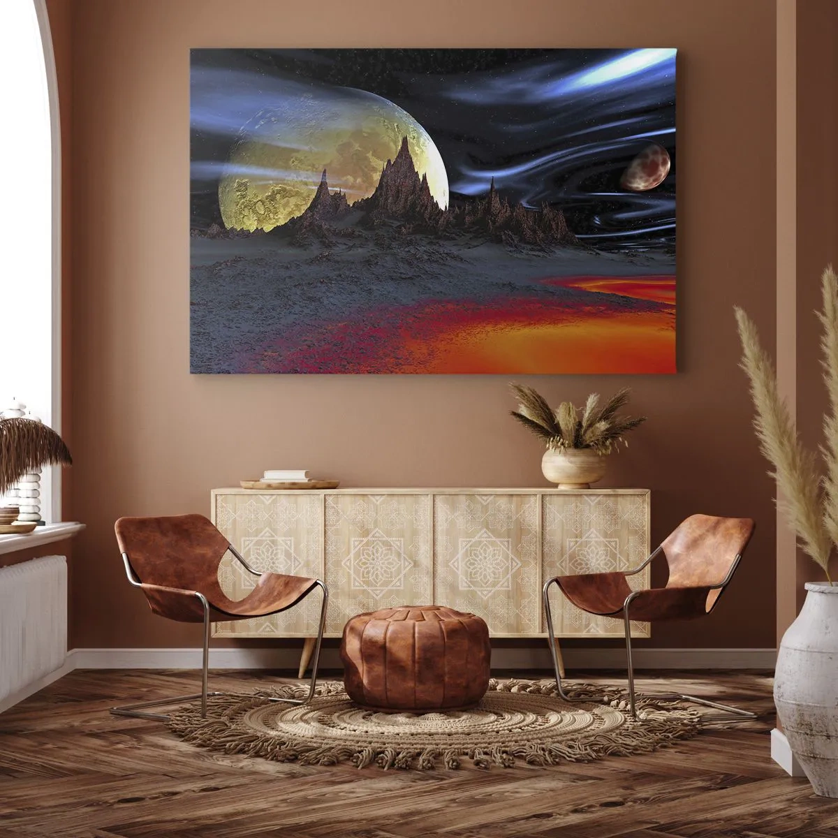 Bild auf Leinwand - Leinwandbild - Eine fantastische Landschaft mit Planeten und Vulkanen - 100x70cm - Unbekannte Welt - Moderne Wanddekoration für Wohnzimmer und Schlafzimmer ARTTOR