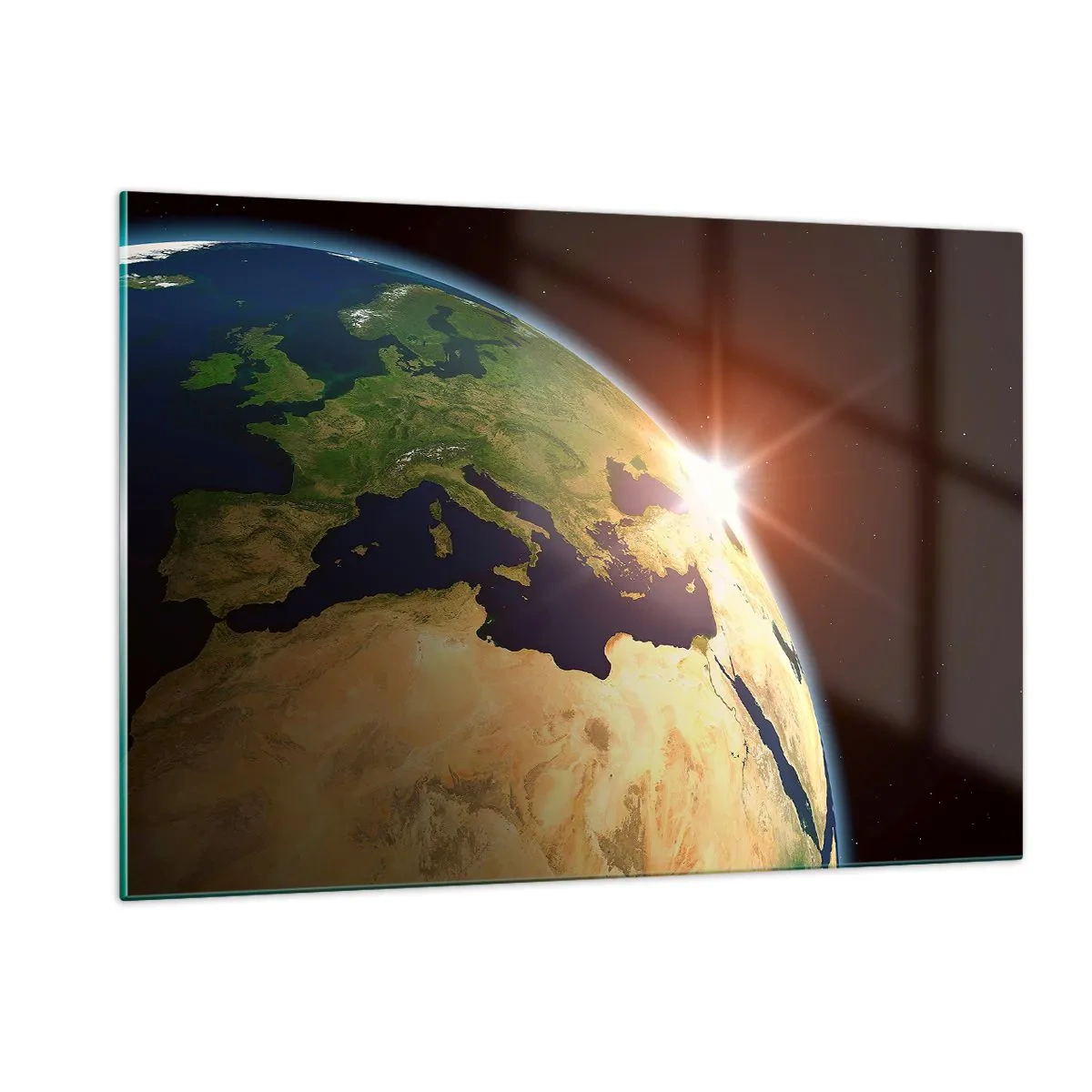 Glasbild - Bild auf glas - Die Erde wird von der aufgehenden Sonne aus dem Weltraum beleuchtet - 120x80cm - Sonnenaufgang - Moderne Wanddekoration für Wohnzimmer und Schlafzimmer ARTTOR