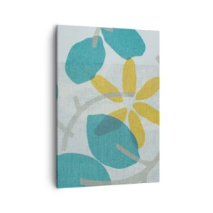 Bild auf Leinwand - Leinwandbild - Blätter in Türkis- und Gelbtönen auf hellem Hintergrund - 50x70cm - Unter den azurblauen Blättern - Moderne Wanddekoration für Wohnzimmer und Schlafzimmer ARTTOR