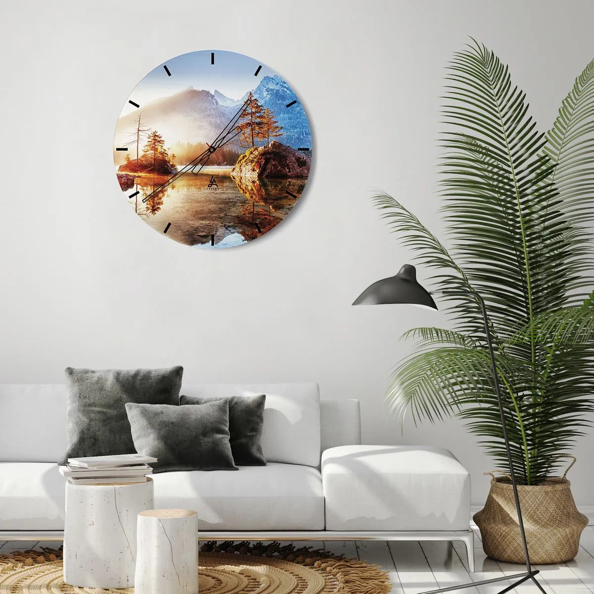 Wanduhr - Glasuhr - Ein Bergsee mit Inseln und Bäumen in den Sonnenstrahlen - 30x30cm - Natur in neuem Licht - Moderne Wanddekoration für Wohnzimmer, Küche und Schlafzimmer ARTTOR