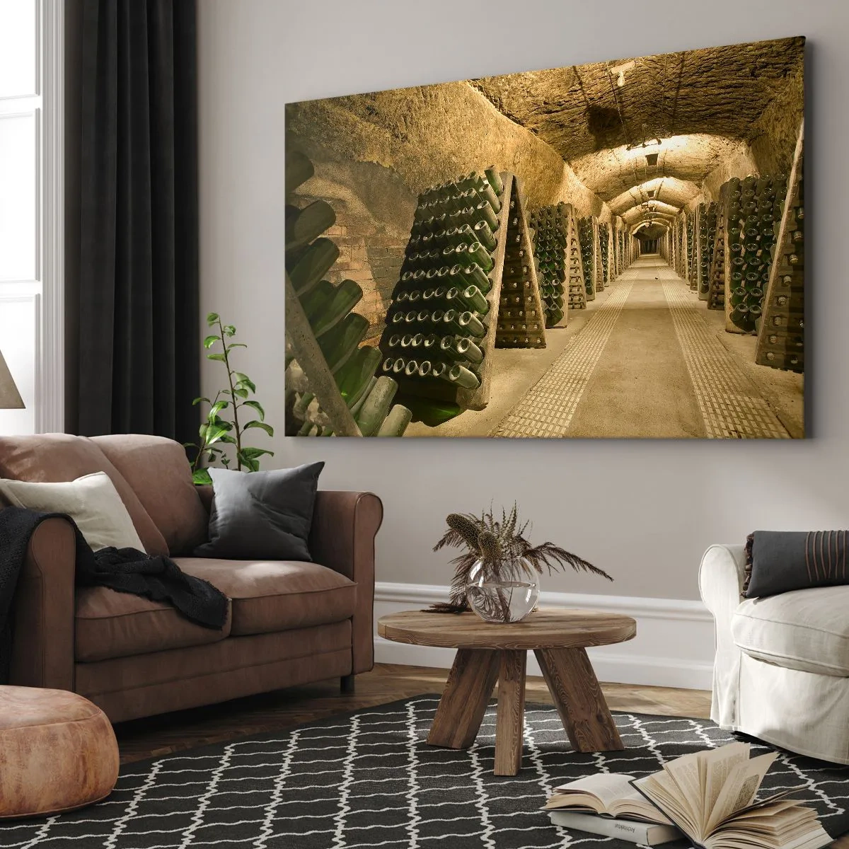 Bild auf Leinwand - Leinwandbild - Ein Weinberg mit einem Keller voller Weinflaschen, die auf Holzregalen ausgestellt sind. - 120x80cm - Die Geburt des Geschmacks - Moderne Wanddekoration für Wohnzimmer und Schlafzimmer ARTTOR