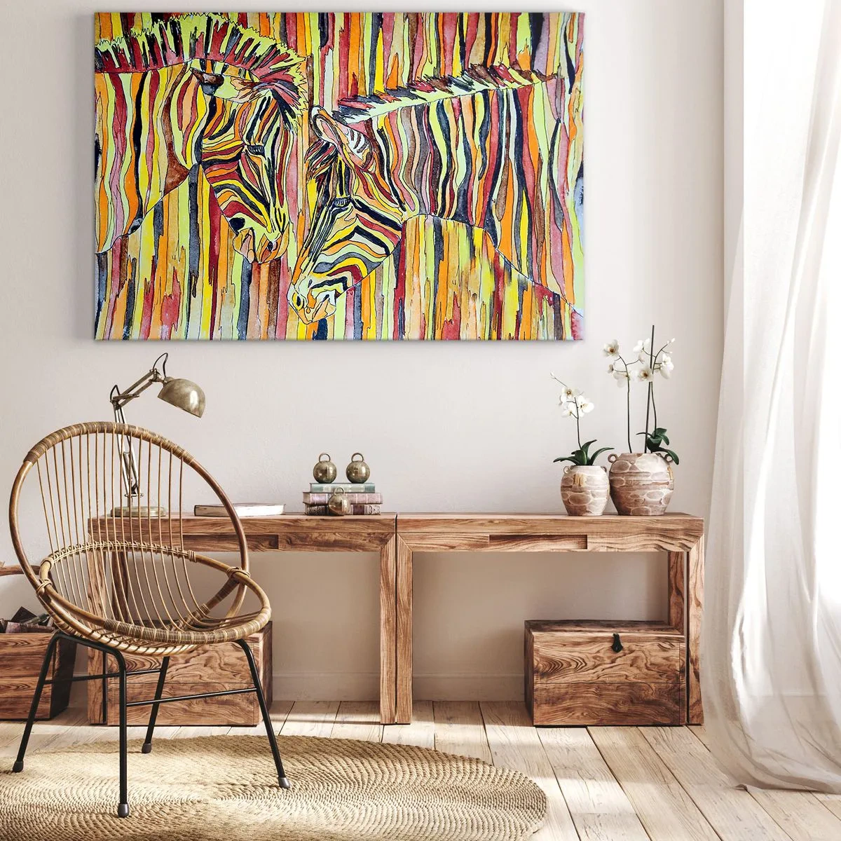Bild auf Leinwand - Leinwandbild - Bunte Zebras vor einem Hintergrund aus abstrakten Streifen - 120x80cm - Also du auch... - Moderne Wanddekoration für Wohnzimmer und Schlafzimmer ARTTOR