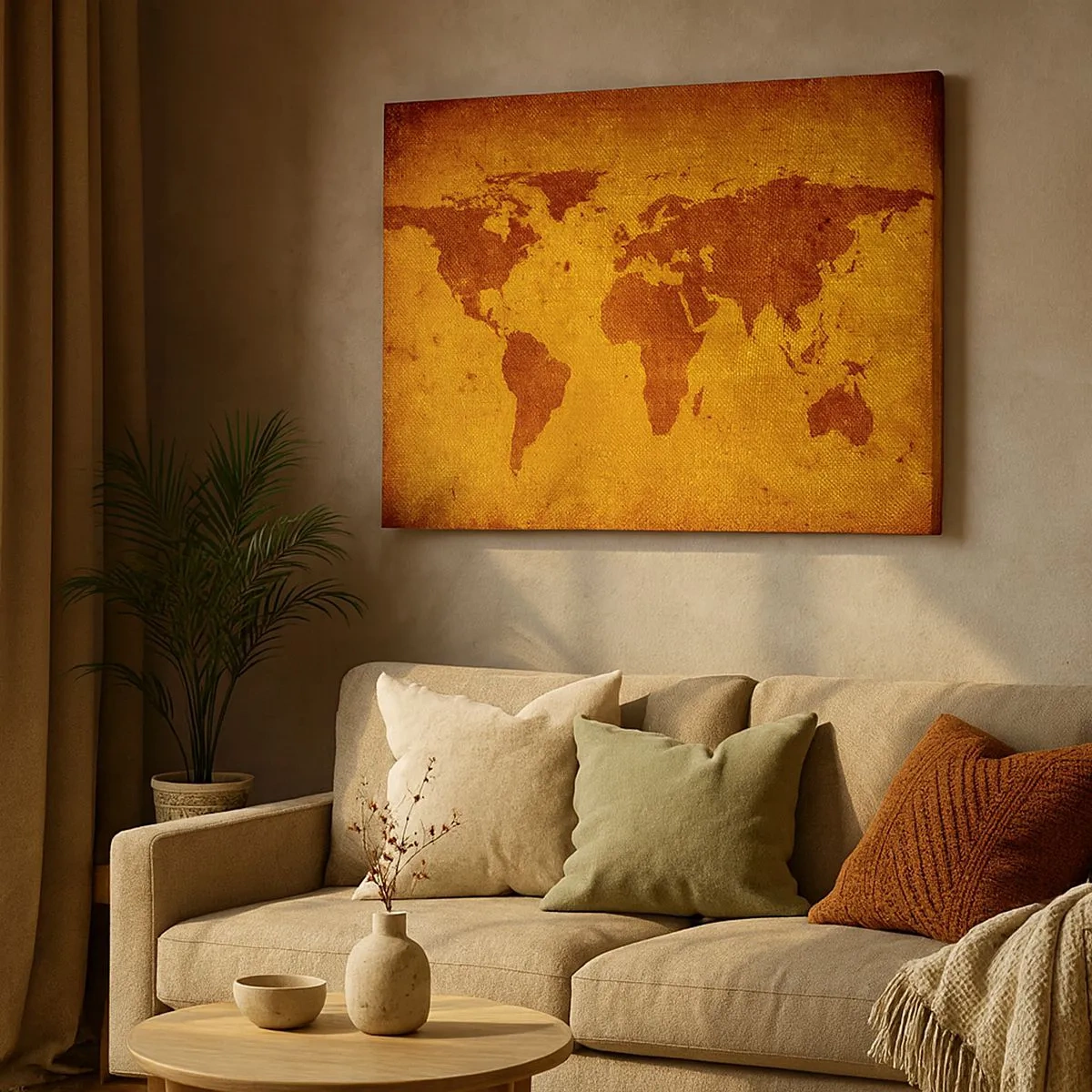 Bild auf Leinwand - Leinwandbild - Vintage-Weltkarte auf braunem und goldenem Hintergrund. - 70x50cm - Eine Einladung zum Reisen - Moderne Wanddekoration für Wohnzimmer und Schlafzimmer ARTTOR