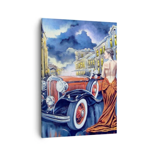 Bild auf Leinwand - Leinwandbild - Eine Frau in einem eleganten Kleid neben einem Retro-Auto in der Nacht - 50x70cm - Nocturne in Blau und Koralle - Moderne Wanddekoration für Wohnzimmer und Schlafzimmer ARTTOR