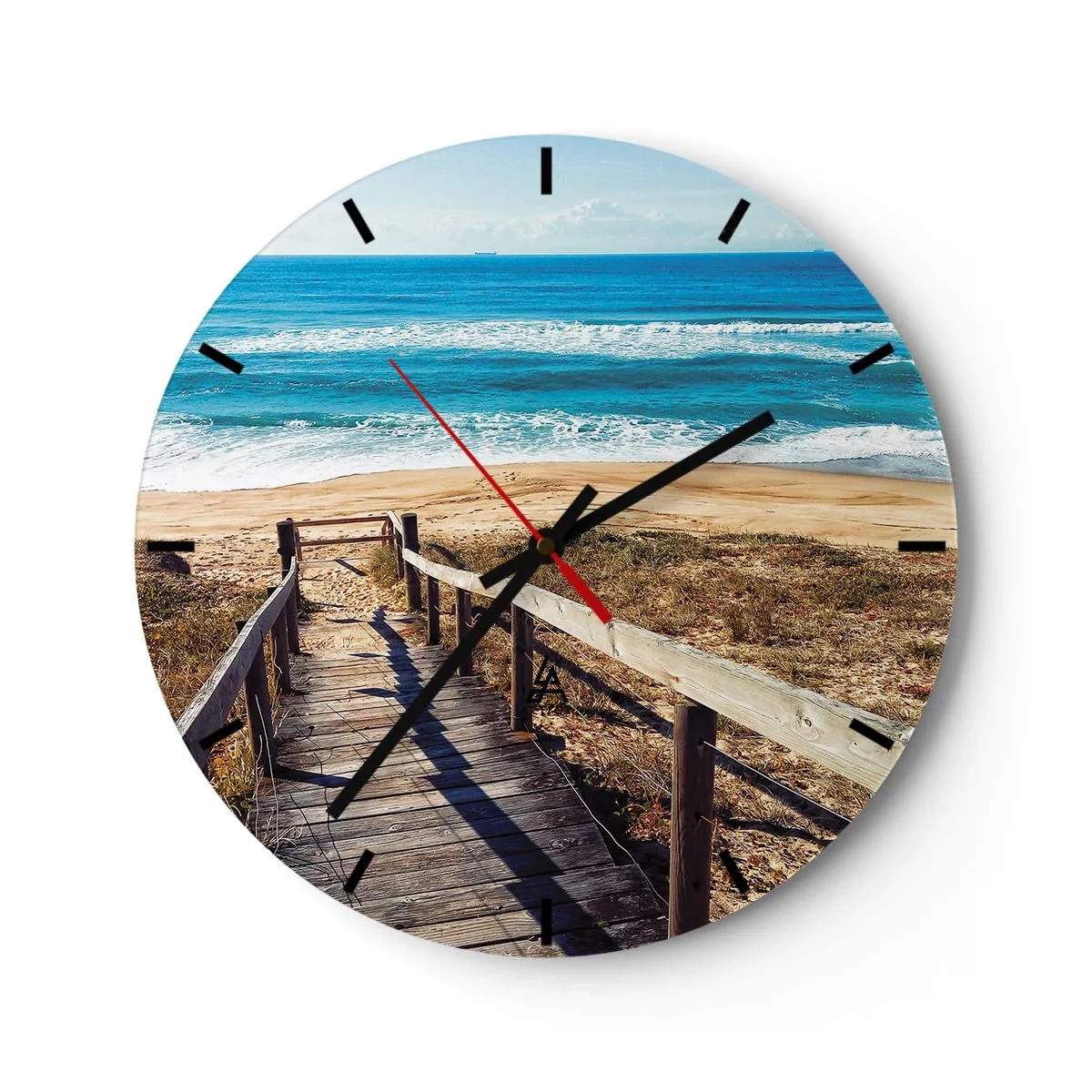 Wanduhr - Glasuhr - Ein Holzsteg führt zu einem Sandstrand am blauen Ozean - 30x30cm - Lauf! - Moderne Wanddekoration für Wohnzimmer, Küche und Schlafzimmer ARTTOR