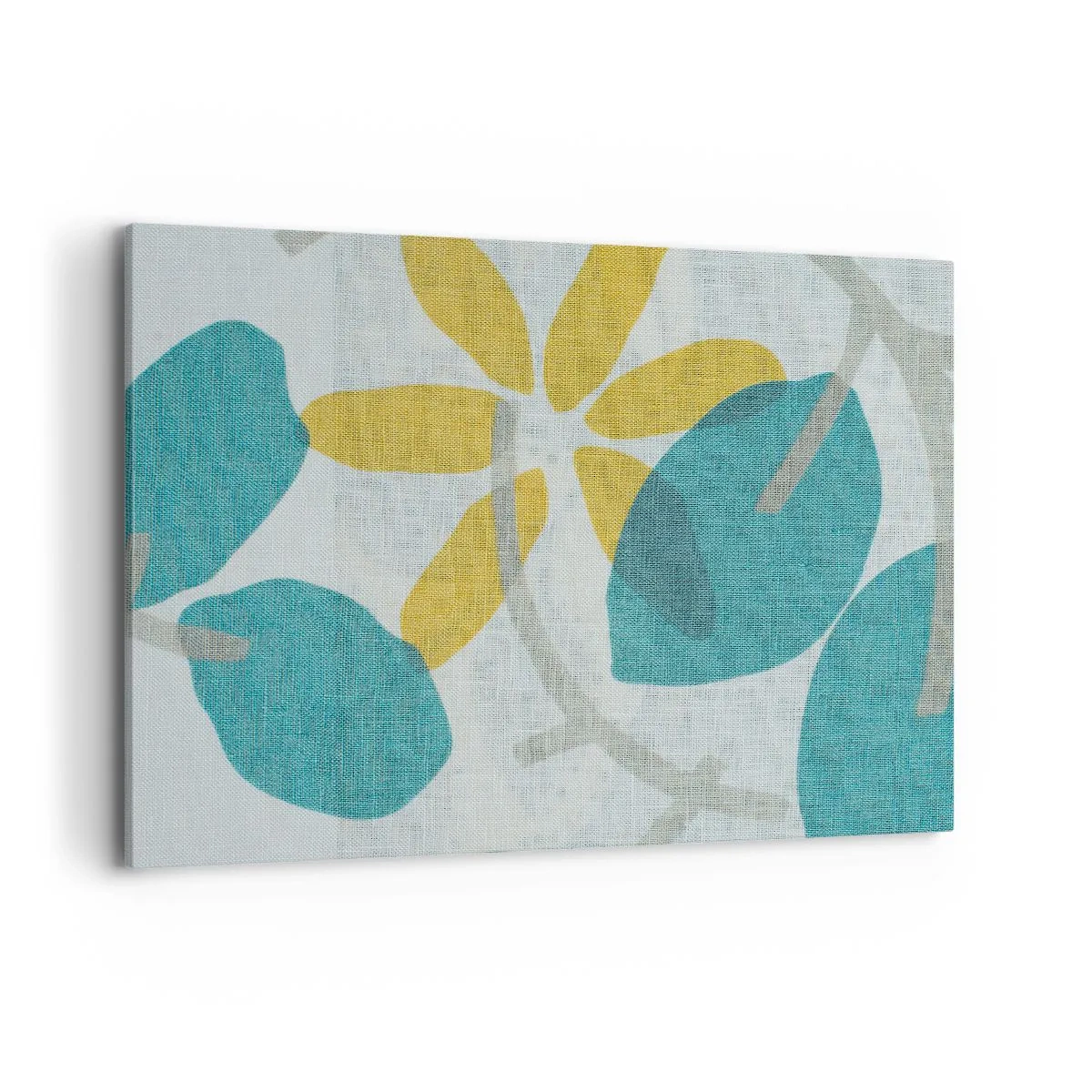 Bild auf Leinwand - Leinwandbild - Blätter in Türkis- und Gelbtönen auf hellem Hintergrund - 100x70cm - Unter den azurblauen Blättern - Moderne Wanddekoration für Wohnzimmer und Schlafzimmer ARTTOR