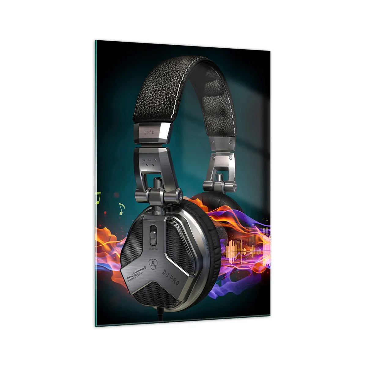 Glasbild - Bild auf glas - Schwarze Kopfhörer mit farbenfrohem Musikvisualisierungseffekt - 70x100cm - Feuer der Musik - Moderne Wanddekoration für Wohnzimmer und Schlafzimmer ARTTOR