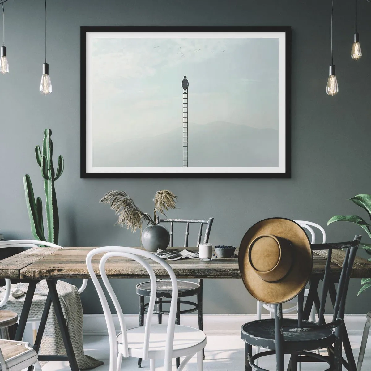 Poster in einem schwarzem Rahmen - Ein Mann auf einer Leiter, die in den Himmel ragt - 100x70cm - Erhebe dich darüber! - Moderne Wanddekoration für Wohnzimmer und Schlafzimmer ARTTOR