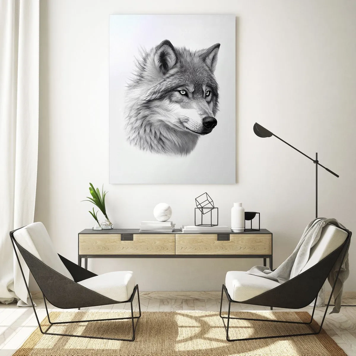 Glasbild - Bild auf glas - Ein realistisches Porträt eines Wolfes in Grautönen. - 70x100cm - Alpha – ohne Zweifel - Moderne Wanddekoration für Wohnzimmer und Schlafzimmer ARTTOR