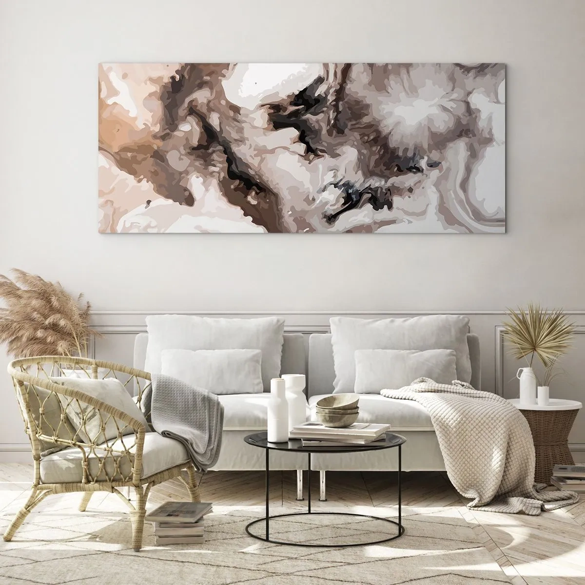 Glasbild - Bild auf glas - Abstraktes Muster in Braun- und Weißtönen - 120x50cm - Die Geburt einer Galaxie - Moderne Wanddekoration für Wohnzimmer und Schlafzimmer ARTTOR