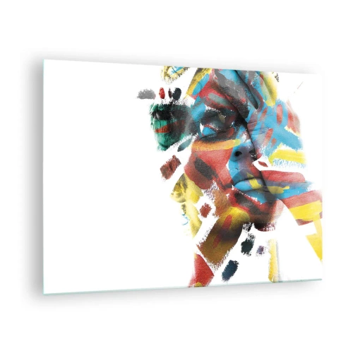 Glasbild - Bild auf glas - Portrait mit abstrakten, farbigen Akzenten im Gesicht - 70x50cm - Eine bunte Persönlichkeit - Moderne Wanddekoration für Wohnzimmer und Schlafzimmer ARTTOR