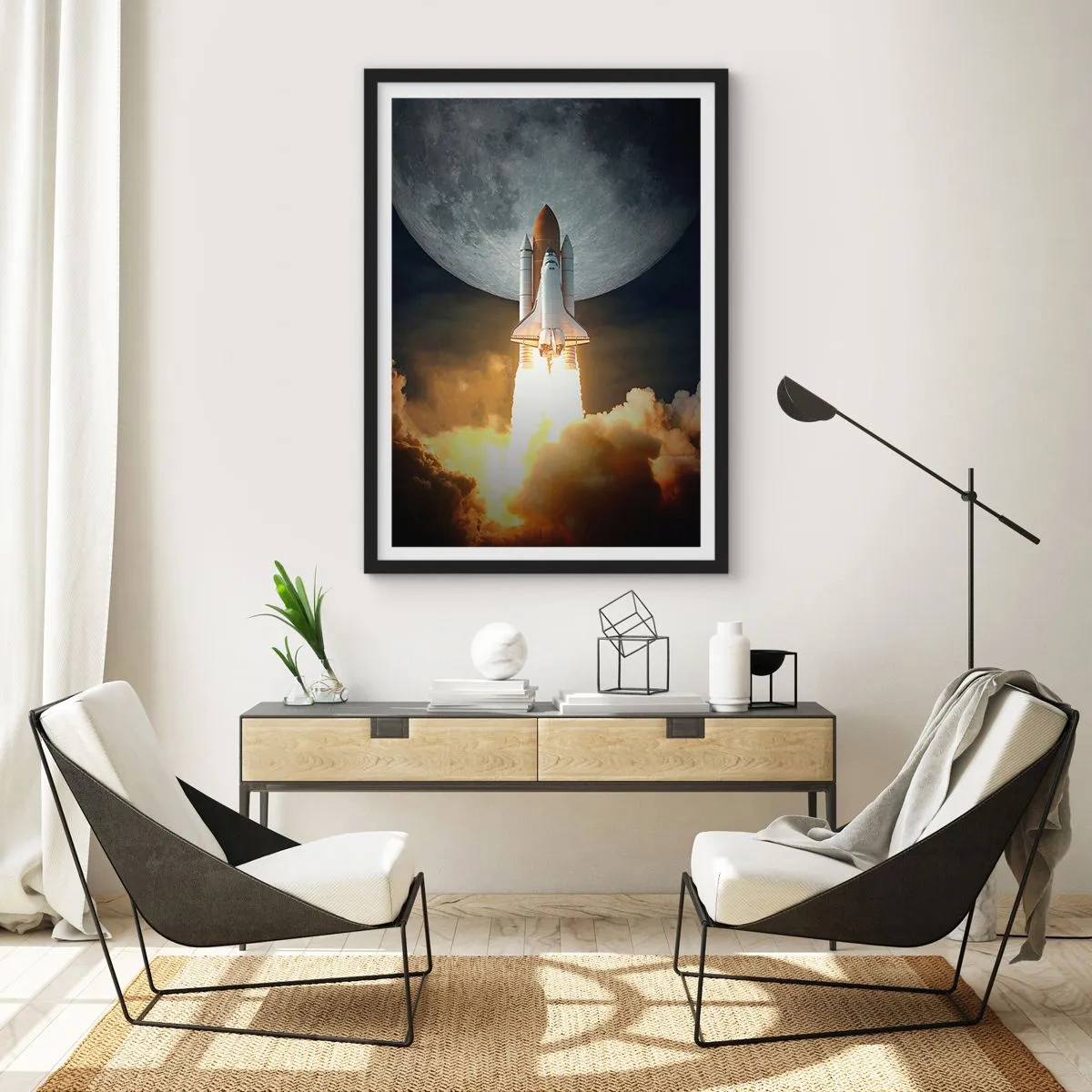 Poster in einem schwarzem Rahmen - Space Shuttle-Start mit dem Mond im Hintergrund - 50x70cm - Beginn eines überirdischen Abenteuers - Moderne Wanddekoration für Wohnzimmer und Schlafzimmer ARTTOR