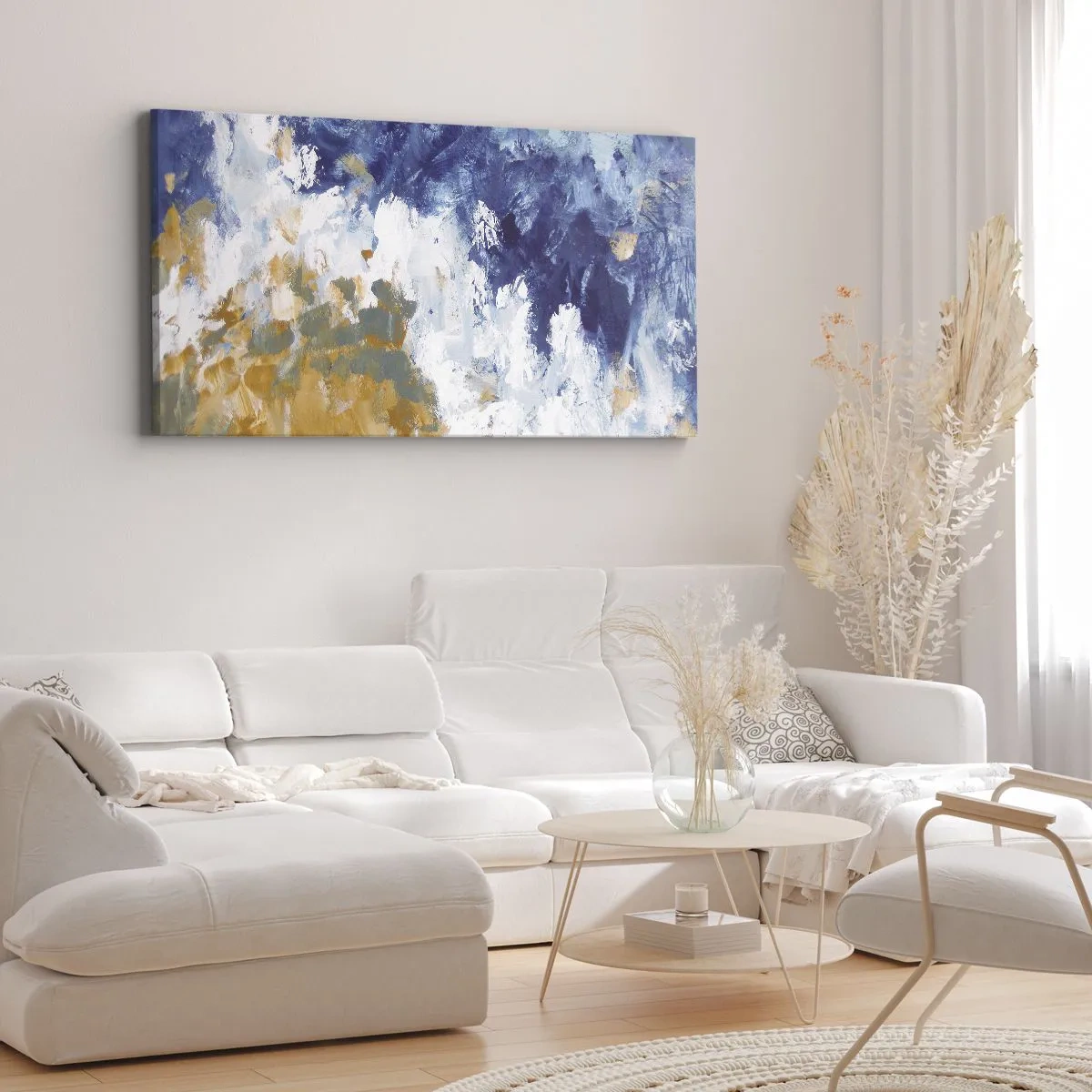 Bild auf Leinwand - Leinwandbild - Abstraktion in Blau-, Weiß- und Goldtönen - 160x50cm - Tanz der Naturelemente - Moderne Wanddekoration für Wohnzimmer und Schlafzimmer ARTTOR