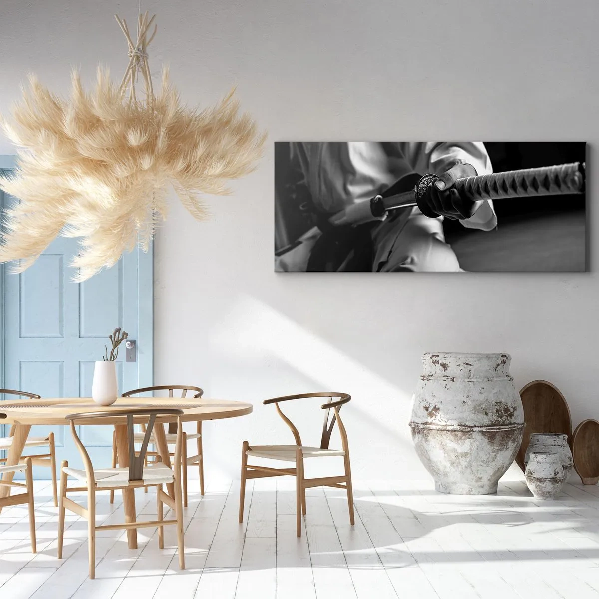 Bild auf Leinwand - Leinwandbild - Ein Samurai im Kimono hält ein Katana in Schwarz und Weiß. - 160x50cm - Kriegerseele - Moderne Wanddekoration für Wohnzimmer und Schlafzimmer ARTTOR