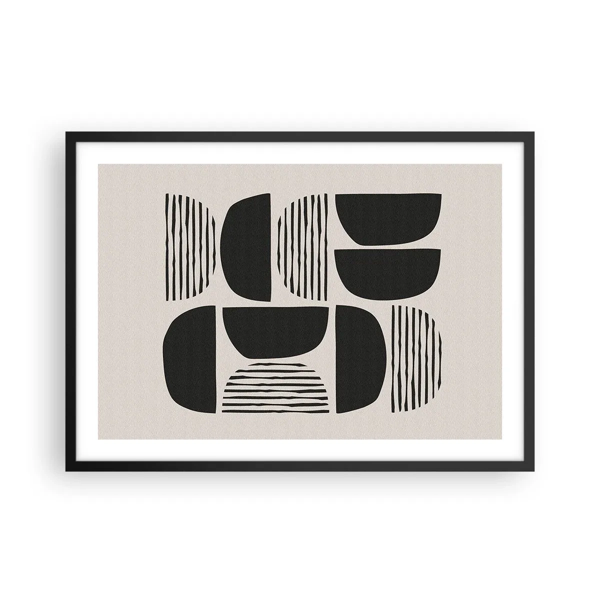 Poster in einem schwarzem Rahmen - Geometrie mit Halbkreisen und Linien in Schwarz auf hellem Hintergrund - 70x50cm - Halbherzige Deals - Moderne Wanddekoration für Wohnzimmer und Schlafzimmer ARTTOR