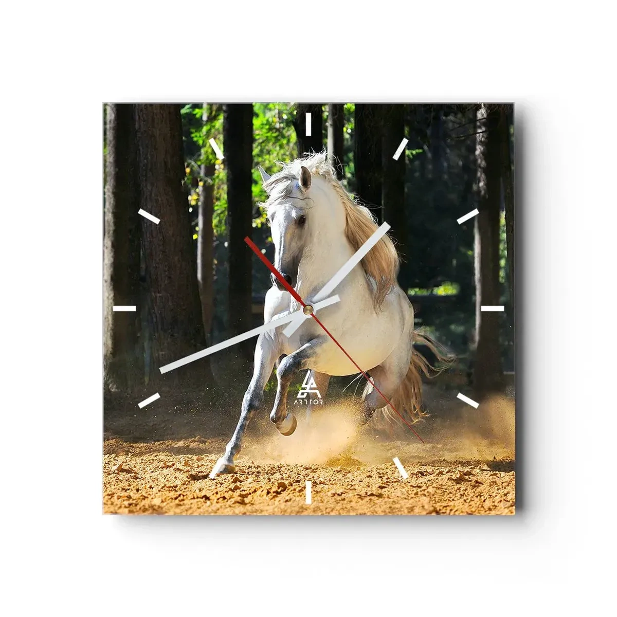 Wanduhr - Glasuhr - Ein weißes Pferd galoppiert durch eine Waldlichtung - 30x30cm - Wie aus einem Fantasy-Roman - Moderne Wanddekoration für Wohnzimmer und Schlafzimmer ARTTOR