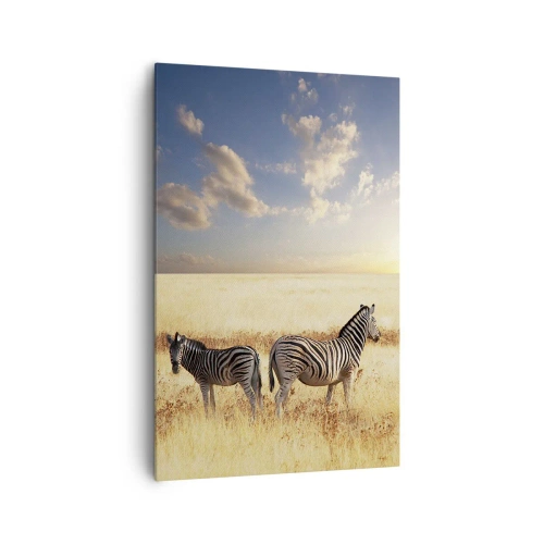 Bild auf Leinwand - Leinwandbild - Zwei Zebras in der Savanne in den Strahlen der untergehenden Sonne - 80x120cm - Geh weg, sei nicht in Frieden - Moderne Wanddekoration für Wohnzimmer und Schlafzimmer ARTTOR