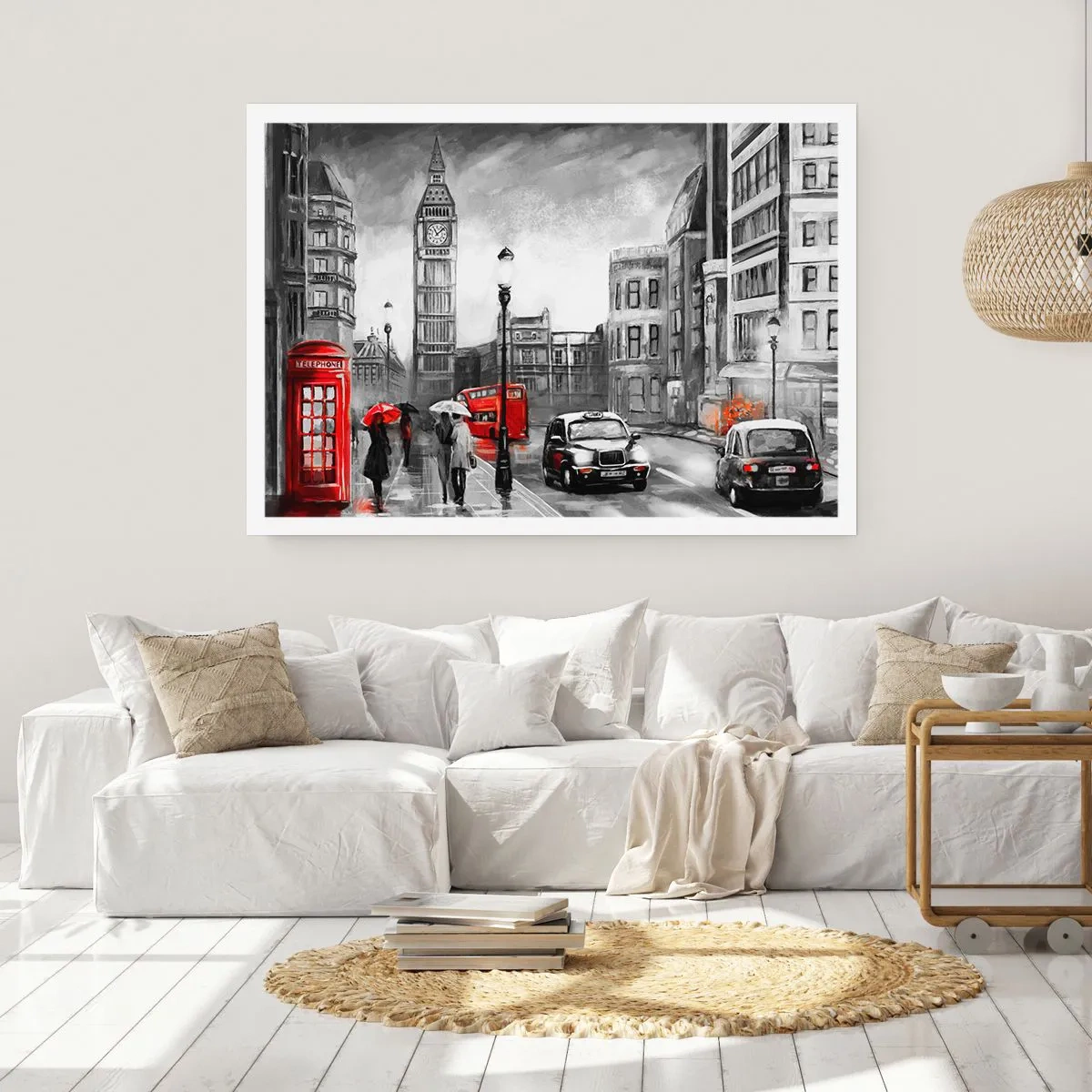 Poster - Eine Londoner Szene in Schwarzweiß mit roten Akzenten - 100x70cm - Gar keine graue Stadt - Moderne Wanddekoration für Wohnzimmer und Schlafzimmer ARTTOR