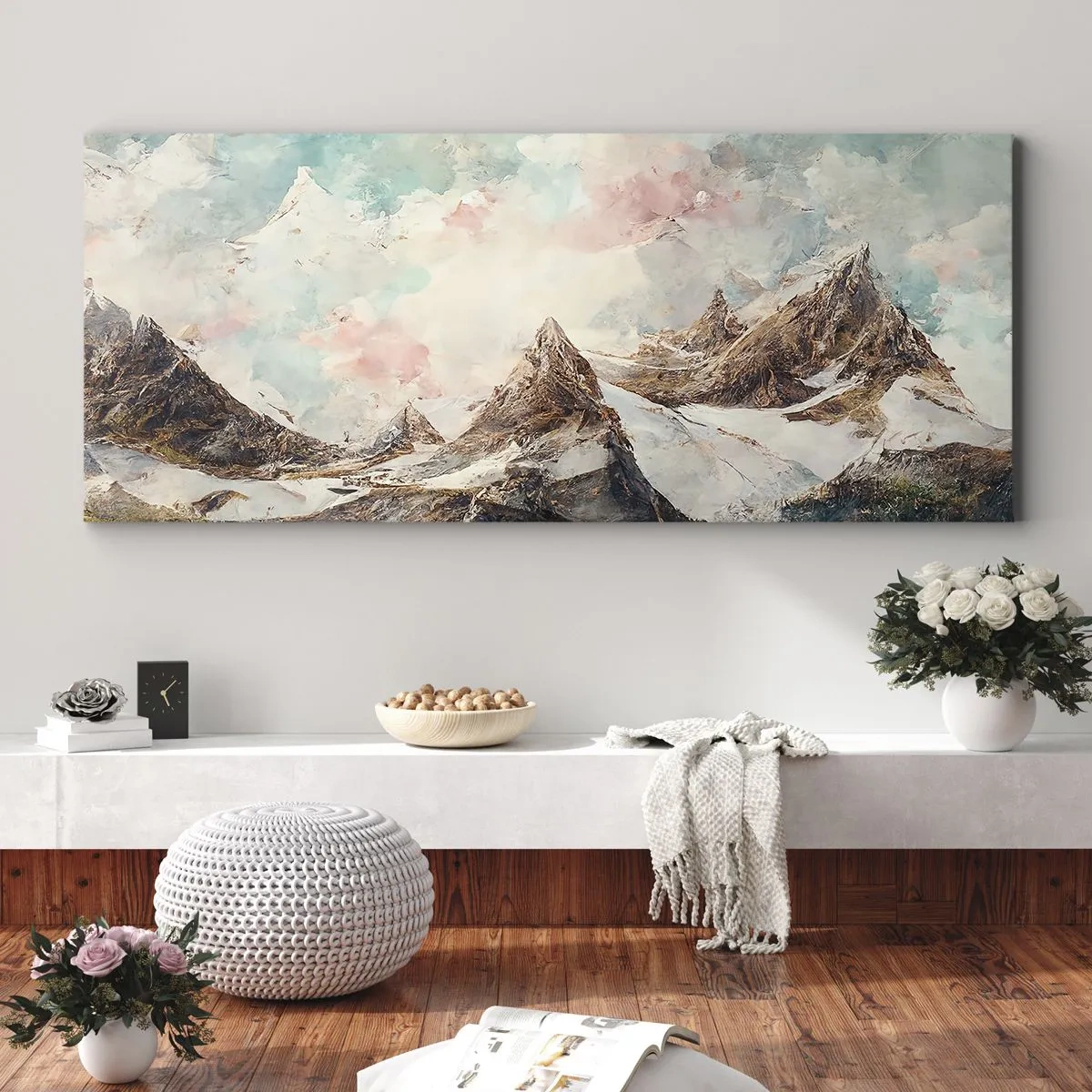 Bild auf Leinwand - Leinwandbild - Malerische Berge mit pastellfarbenem Himmel - 140x50cm - Felsklingen - Moderne Wanddekoration für Wohnzimmer und Schlafzimmer ARTTOR