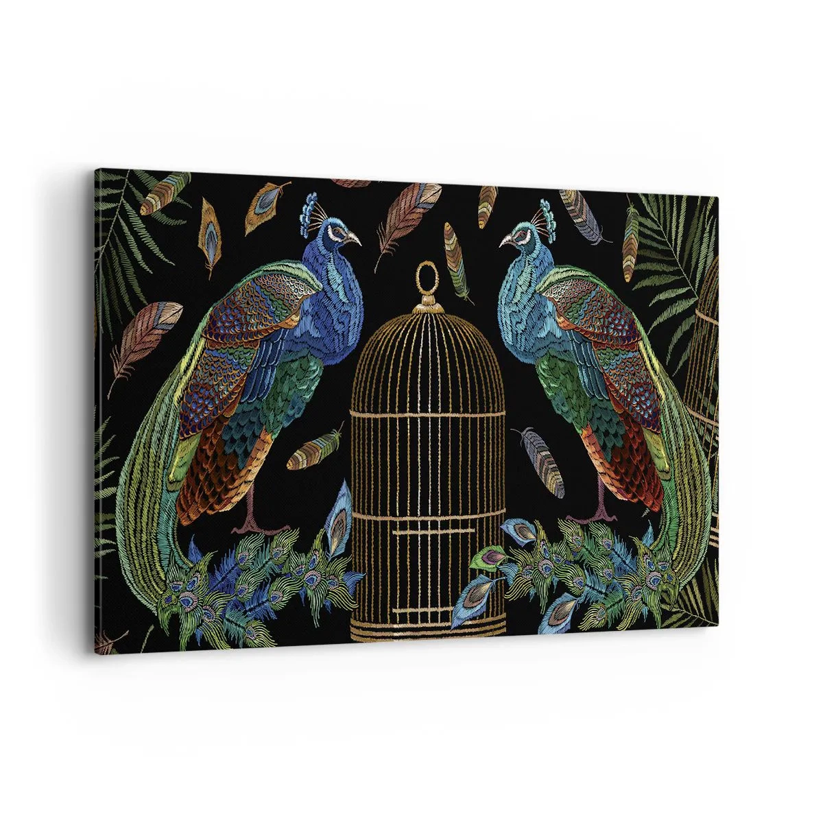 Bild auf Leinwand - Leinwandbild - Pfauen neben einem goldenen Käfig auf schwarzem Hintergrund - 120x80cm - In königlichen Gewändern - Moderne Wanddekoration für Wohnzimmer und Schlafzimmer ARTTOR