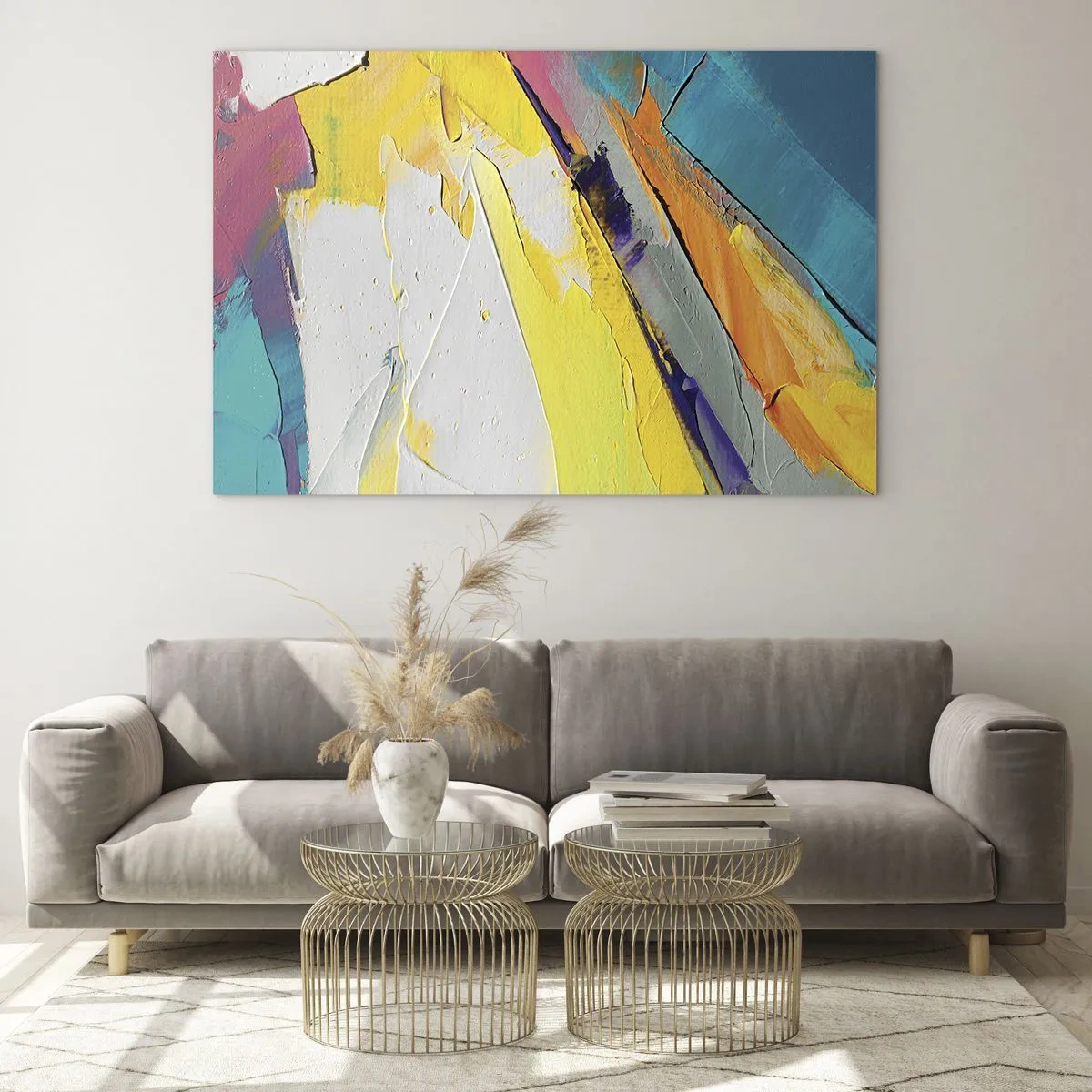 Glasbild - Bild auf glas - Abstrakte Pinselstriche in Gelb, Blau und Weiß - 70x50cm - Die Anatomie des Lichts - Moderne Wanddekoration für Wohnzimmer und Schlafzimmer ARTTOR