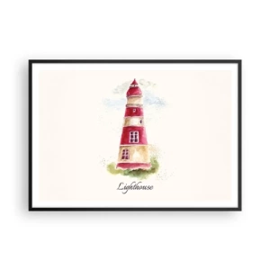 Poster in einem schwarzem Rahmen - Ein Aquarell eines Leuchtturms auf hellem Hintergrund mit einer Inschrift - 100x70cm - Das Wetter ringsum ist immer gut - Moderne Wanddekoration für Wohnzimmer und Schlafzimmer ARTTOR