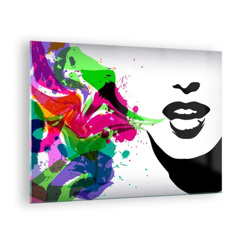 Glasbild - Bild auf glas - Eine farbenfrohe Abstraktion mit einem weiblichen Profil und Farbtupfern. - 70x50cm - Eine Geschichte in den Farben des Regenbogens - Moderne Wanddekoration für Wohnzimmer und Schlafzimmer ARTTOR