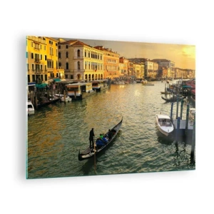Glasbild - Bild auf glas - Sonnenuntergang über einem Kanal in Venedig mit Gondeln - 70x50cm - Auf der Sonnenseite der Straße - Moderne Wanddekoration für Wohnzimmer und Schlafzimmer ARTTOR