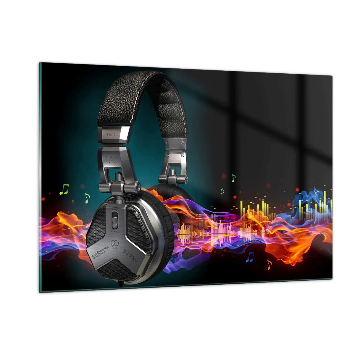 Glasbild - Bild auf glas - DJ-Kopfhörer mit bunten Schallwellen und Musiknoten - 120x80cm - Feuer der Musik - Moderne Wanddekoration für Wohnzimmer und Schlafzimmer ARTTOR