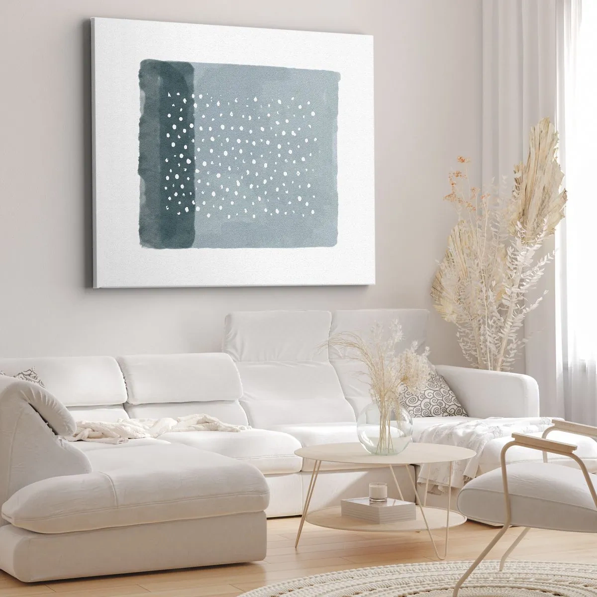 Bild auf Leinwand - Leinwandbild - Ein minimalistisches Gemälde in Blautönen mit Punkten - 120x80cm - Auf Blau gewachsen - Moderne Wanddekoration für Wohnzimmer und Schlafzimmer ARTTOR