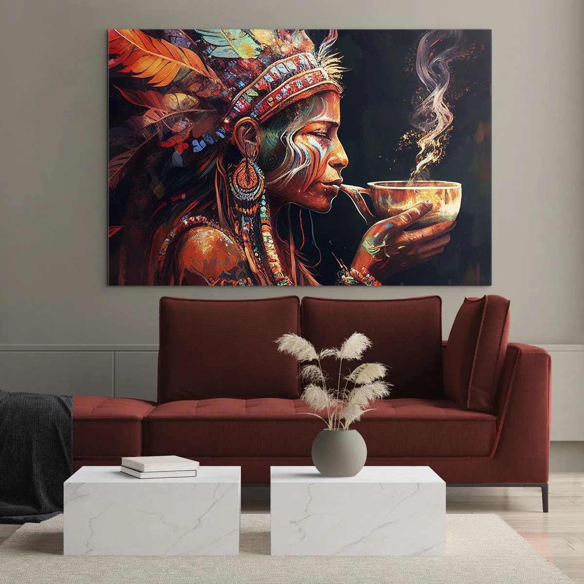 Glasbild - Bild auf glas - Eine Figur mit Federkopfschmuck trinkt einen Trank in mystischer Atmosphäre - 70x50cm - Magisches Ritual - Moderne Wanddekoration für Wohnzimmer und Schlafzimmer ARTTOR