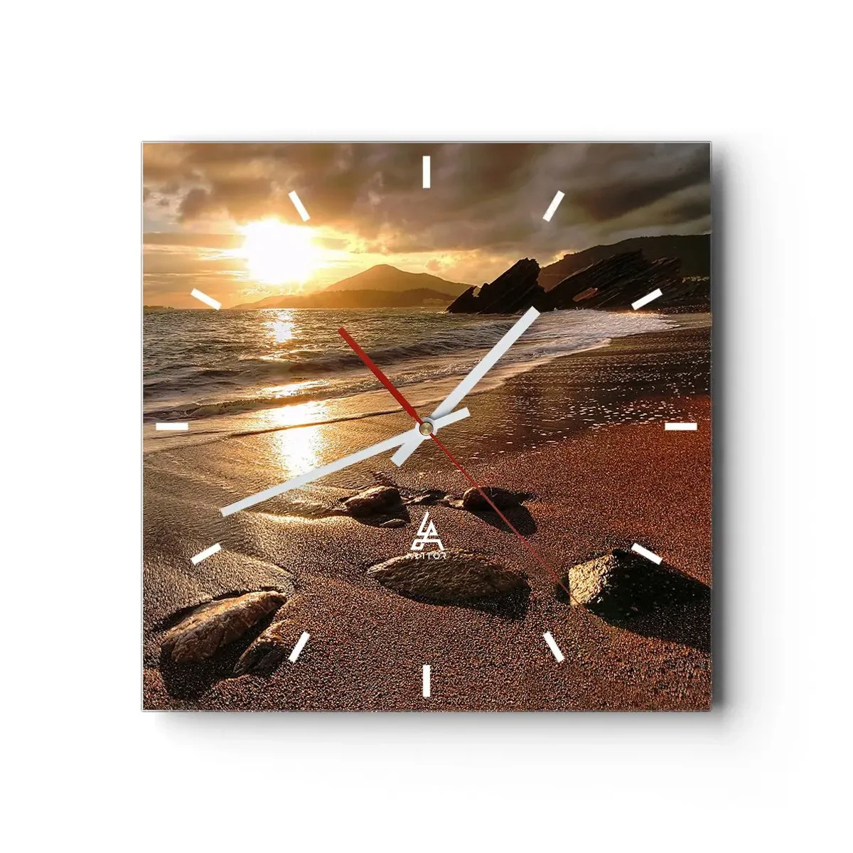 Wanduhr - Glasuhr - Strand bei Sonnenuntergang mit Steinen am Ufer - 30x30cm - Folge der Sonne zu den Hügeln - Moderne Wanddekoration für Wohnzimmer und Schlafzimmer ARTTOR