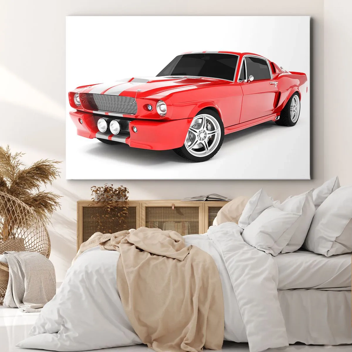 Bild auf Leinwand - Leinwandbild - Roter Sportwagen mit weißen Streifen - 100x70cm - Ein Mustang so schnell wie der Wind - Moderne Wanddekoration für Wohnzimmer und Schlafzimmer ARTTOR