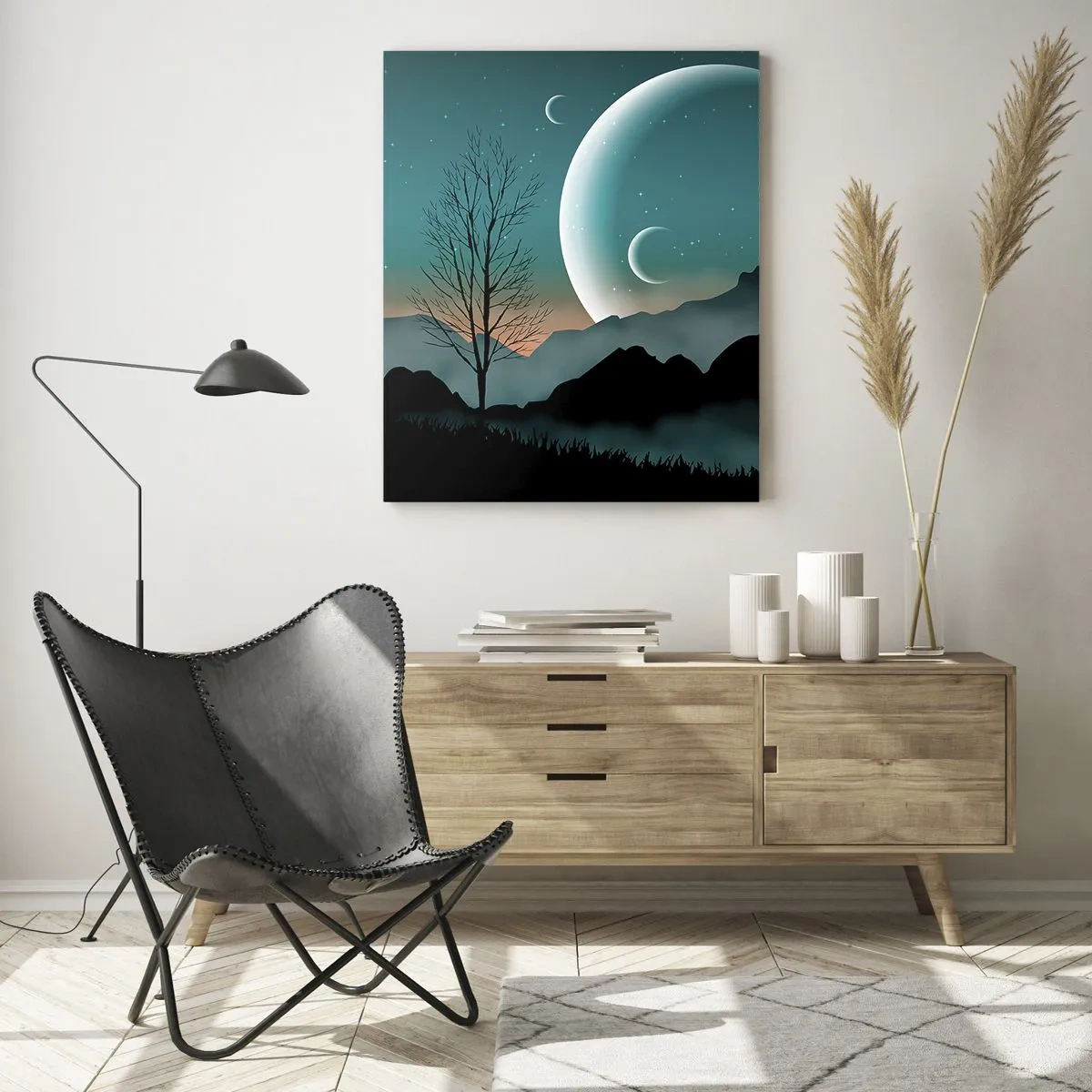 Glasbild - Bild auf glas - Monde über Bergen mit einem einsamen Baum und Sternen - 50x70cm - Karneval in der Sternenacht - Moderne Wanddekoration für Wohnzimmer und Schlafzimmer ARTTOR