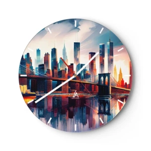 Wanduhr - Glasuhr - Skyline von New York City mit Brücke und Spiegelung im Wasser bei Sonnenuntergang - 30x30cm - Traumhaftes New York - Moderne Wanddekoration für Wohnzimmer, Küche und Schlafzimmer ARTTOR