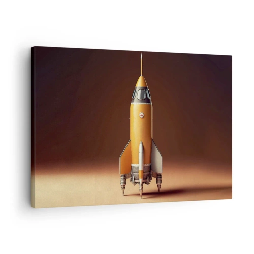 Bild auf Leinwand - Leinwandbild - Eine Rakete im Retro-Stil vor einem Hintergrund in Brauntönen - 70x50cm - Es beginnt mit einem Traum - Moderne Wanddekoration für Wohnzimmer und Schlafzimmer ARTTOR